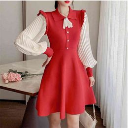Autumn And Winter Women Bow Tie Collar Sweater Dresses French Vintage Sweet Lantern Sleeve Knitted Vestidos 210520