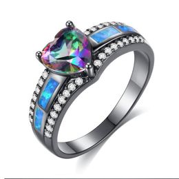 Size 6/7/8/9 Handmade Vintage Jewelry 10KT Black Gold Fill Heart Shape Rianbow Opal CZ Diamond High Quality Party Eternity Women Wedding Engagement Band Ring Gift