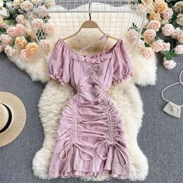 Sweet Wood-ear Square-neck Dress Women's Fashion Summer Short Sleeve Pull Rope Pleated Package Hip Vestidos S223 210527