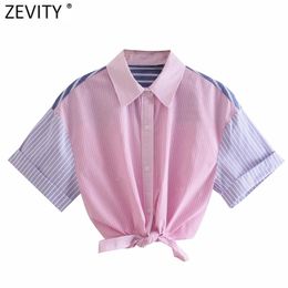 Women Sweet Patchwork Striped Print Pink Short Smock Blouse Female Hem Bowknot Breasted Shirt Chic Crop Tops LS9210 210420