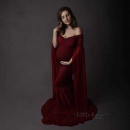 Chiffon Shoulderless Maternity Dresses For Photo Shoot Sexy Fancy Pregnancy Maxi Gown Ruffles Pregnant Women Photography Props Q0713
