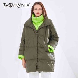 Mid Length Casual Cotton Coat For Women Lapel Long Sleeve Hit Color Korean Parkas Female Winter Fashion Clothing 210524