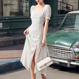 Summer Elegant Woman Party Dress Split Midi Long White Polka Dot High Waist Fashion Square Collar es 13278 210521