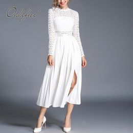 Summer Elegant Women Midi Party Long Sleeve White Lace Sexy Split Pleated Dress 210415