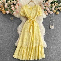 Women Fashion Bohemian Holiday Sweet V Neck Short Sleeve A-line Dress Solid Colour Clothes Summer Vestidos S077 210527
