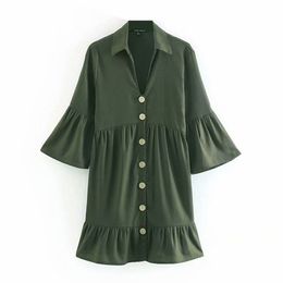 Green Button Korean 3/4 Sleeve Flare Turn Down Collar Shirt Dress Summer Elegant Office Lady D1284 210514