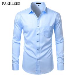 Mens Bamboo Fiber Dress Shirt Solid Work Formal Business Shirts for Men with Front Pocket Button Slim Fit Chemise Homme 210524