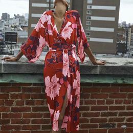 Casual Dresses Red Floral Print Women Vintage Loose Wrap Kimono Cardigan Dress 3/4 Sleeve Sashes Bow Tie Elegant Street Beach Wear