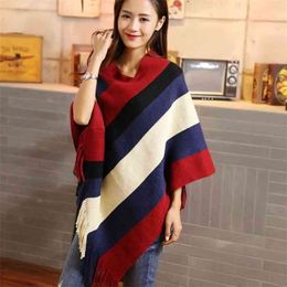 Striped Sleeveless Fringed Knitted Sweater Poncho Women Color Matching Round Neck Pullover Bat Female Spring 210427