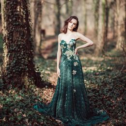 Party Dresses Strapless Dark Green Elf Dress Fairy For Poshoot Applique Evening Long Lace Tulle Prom With Train Plus Size