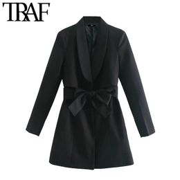 TRAF Women Chic Fashion With Belt Office Wear Mini Dress Vintage Long Sleeve Button-up Female Dresses Mujer 210415