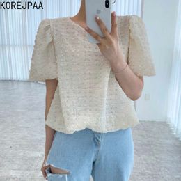 Korejpaa Women Shirt Summer Korean Chic Gentle Round Neck Loose Solid Colour Pleated Bubble Cotton Short-Sleeved Blouses 210526