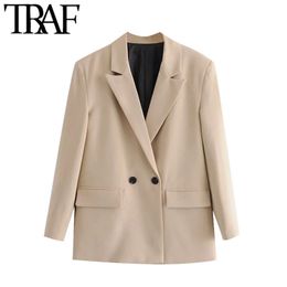 TRAF Women Fashion Double Breasted Loose Fitting Blazer Coat Vintage Long Sleeve Pockets Female Outerwear Chic Tops 210930
