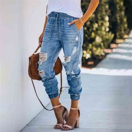 Women Jeans Ripped Hole Harem Pants Female Drawstring Pocket High Waist Elastic Long Joggers Pant Ladies Denim Trousers 210809