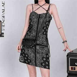 Cashew Flower Dress Women's Summer Lace Up Slim Fit Printed Casual Mini Suspender Dresses Female Trendy 5A13 210427