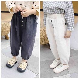 Girls cotton linen 3 buttons casual trousers Boys spring autumn all-match pants 210708