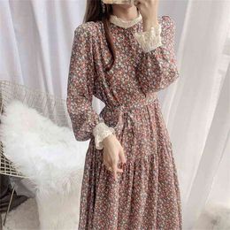 Women Chiffon Dress Two Layers Autumn Winter Fashion Female Long Sleeve Vintage Printed Casual Dresses Loose A-line Vestido 210423