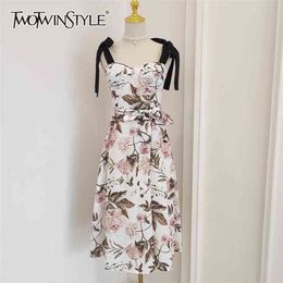 Print Lace Up Sling Dress For Women Square Collar Sleeveless High Waist Patchwork Bowknot Midi Dresses Female 210520