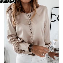 Ladies blouses solid Colour button long sleeve satin casual womens tops slim elegant office party O-neck streetwear blouse women 210520