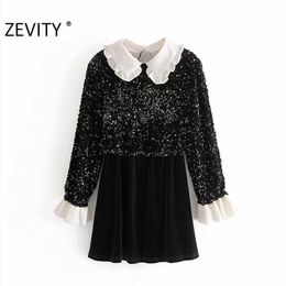 Zevity High Street Women Sweet Ruffles Peter Pan Collar Patchwork Sequins Mini Dress Female Black Velvet Casual Vestidos DS4583 210603
