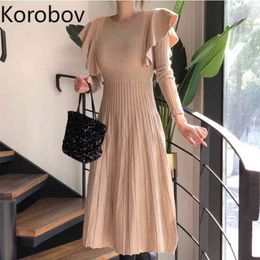 Korobov Korean Chic Autumn Winter Ruffles Elegant Office Lady Women Dress Vintage Long Sleeve Slim Knit Dresses Pleated Vestidos 210430
