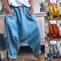 Women Harem Pants Trousers Boho Mid Waist Solid Cheque Baggy Wide Leg Casual Capris 210915