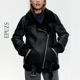 winter loose black PU Leather Jacket women fur collar Motorcycle coat Streetwaer warm Biker jacket outwear 210521