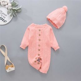 Newborn Baby Girls Boys Spring Fall Outfit, 2pcs Toddlers Solid Color Knitted Long Sleeves Jumpsuit + Beanie Hat, 0-18 Months G1023