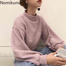 Nomikuma Yarım Balıkçı Yaka Uzun Kollu Tişörtü Kadınlar Katı Renk Rahat Tüm Maç Hoodies Kore BF Tarzı Giyim 3D108 210514
