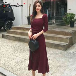 Autumn Women Dress Square Neck Long Sleeve Pleated Waist Vintage Style Work Party Midi Calf Casual Knit 210603