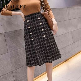 Double Breasted Chic Women Midi Skirts Korean OL Style High Waist Button Decoration Winter A-Line Female 210428