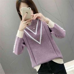 Knitting Sweater And Pullover For Women Fall Winter Half Turtleneck Warm Tops Loose Knitwear Jumper 210427