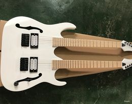 6+6 Strings White body Double Neck Electric Guitar With Black hardware,Maple neck,Semi hollow body,Provide customized service