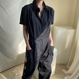 Casual Summer Vacation Black All Match Lapel Single Breasted Lace Up Waist Wide Leg Overalls Pants 16W1034 210510