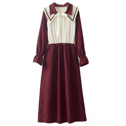 Spring Winter Female Sweet Bow Loose Turn Down Panelled Long Sleeve Minimalist Pleated Dress Ulticolour Robe 210427
