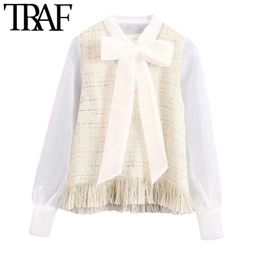 TRAF Women Fashion With Tassel Patchwork Organza Tweed Blouses Vintage Bow Tie Collar Frayed Female Shirts Chic Tops 210415