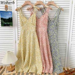 Women Elegant Floral Print Dress Spaghetti Strap Vestidos Summer Sexy V Neck Midi Dresses Beach High Waist Robe 210519