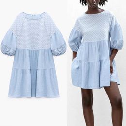 Za Summer Blue Embroidery Dress Women Puff Sleeve Patchwork Elegant Office Lady Dress Pleat Loose Mini Embroidered Dresses 210602