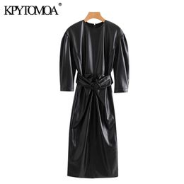 Women Chic Fashion With Belt Faux Leather Draped Midi Dress Vintage Puff Sleeve Back Zipper Female Dresses Mujer 210416