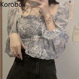 Korobov Elegant Square Collar Chiffon Blouses Korean Chic Flare Long Sleeve Print Female Shirts Thin Beach Style Blusas Mujer 210430