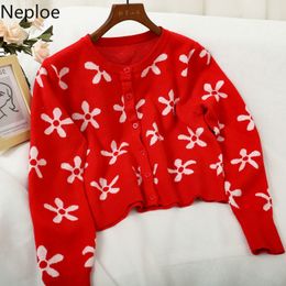 Neploe Vintage Knitted Cropped Cardigan O-neck Long Sleeve Sweaters Women Pull Femme Winter Clothes Crochet Floral Sueter Coat 210422