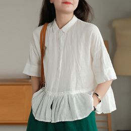 Johnature Women Linen Vintage Shirts And Tops Solid Color Turn-down Collar Summer Fold Female Clothes Loose Blouses 210521