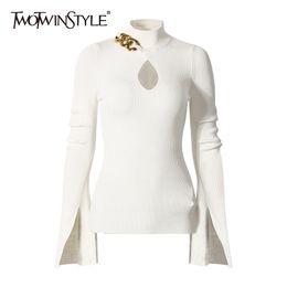 Patchwork Chain Knitted Pullovers For Women Turtleneck Flared Collar Hollow Out Slim Sweater Female Fall 210524