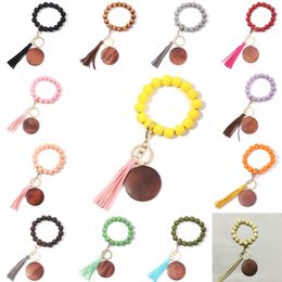 Wooden Beaded Bracelet Favor Wood Round Disc Keychain Tassel Wrist Strap For Women Jewelry Accessories
