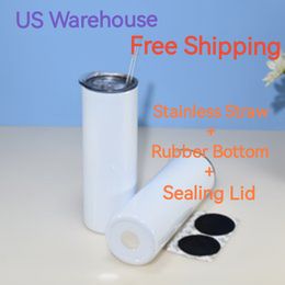 US Warehouse 20oz Straight Sublimation Tumblers With Clear Straws & Rubber Bottoms Stainless Steel Glossy Travel Cup B6