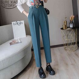 Suit Pants Solid OL Style Fashion Spring Autumn Women High Waist Loose Elegant Ankle-Length with Belt Trousers 8780 50 210417