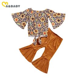 1-6Y Autumn Flower Toddler Kid Girls Clothes Set Flare Sleeve Tops + Velvet Pants Sunflower Outfits Children Costumes 210515