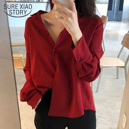 Spring Korean Notched Collar Cardigan Blouse Loose Long Sleeve Solid Chiffon Shirt Plus Size Women Clothing Blusas 10968 210527