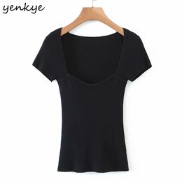 Sexy Lower Collar Knit Blouse Women Vintage Solid Color Short Sleeve Fashion Summer Tops Romantic Slim Blusas 210514