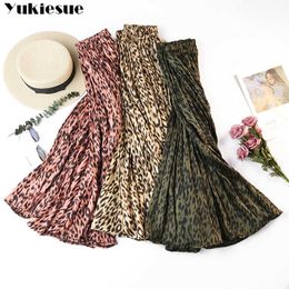 Leopard Print Pleated Skirts Women Spring Summer chiffon Midi Long Korean Elegant High Waist A-line Sun Skirt Female 210608